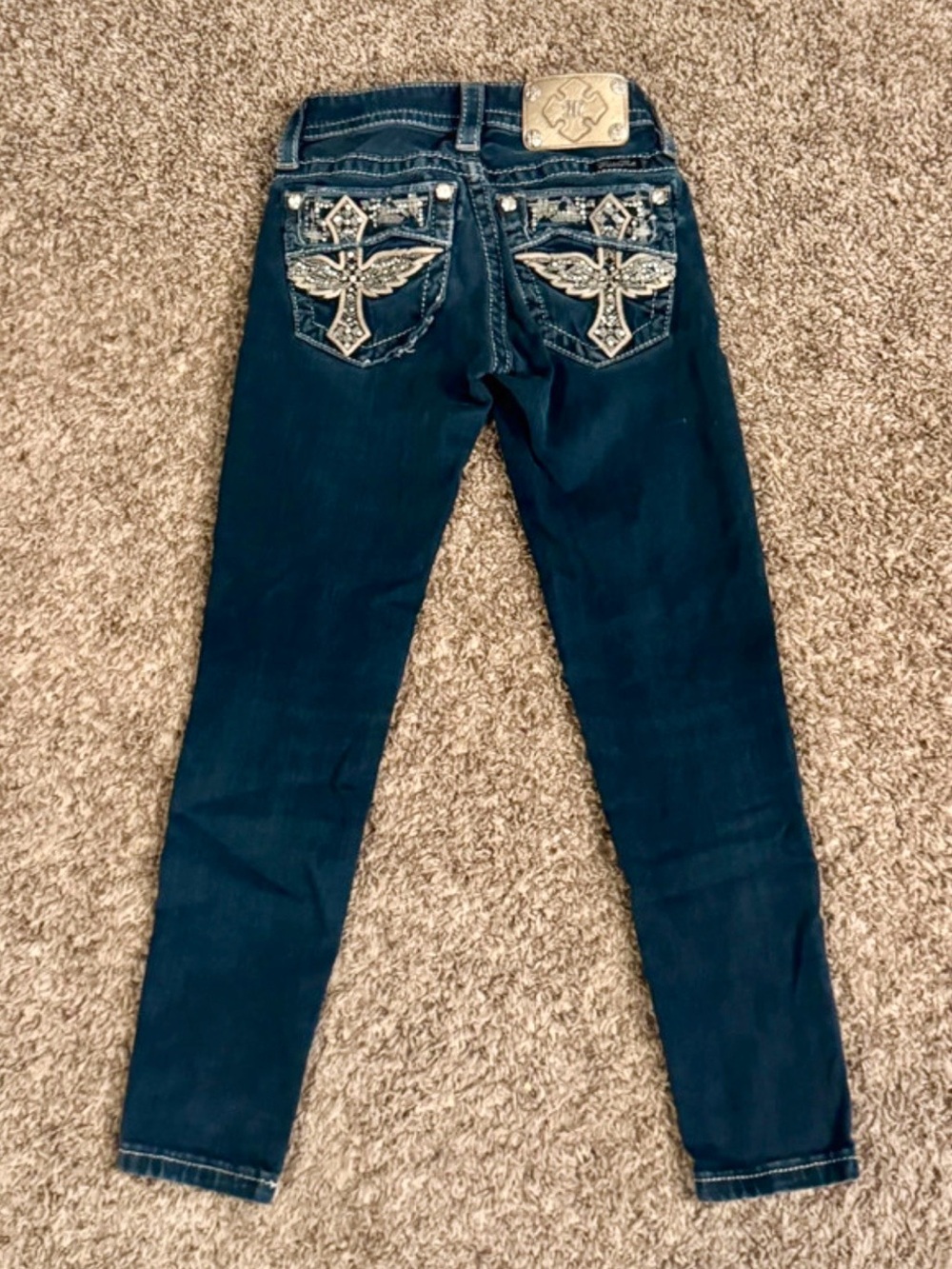 Miss Me Dark Blue Skinny Jeans with Embellished Cross Back Pockets